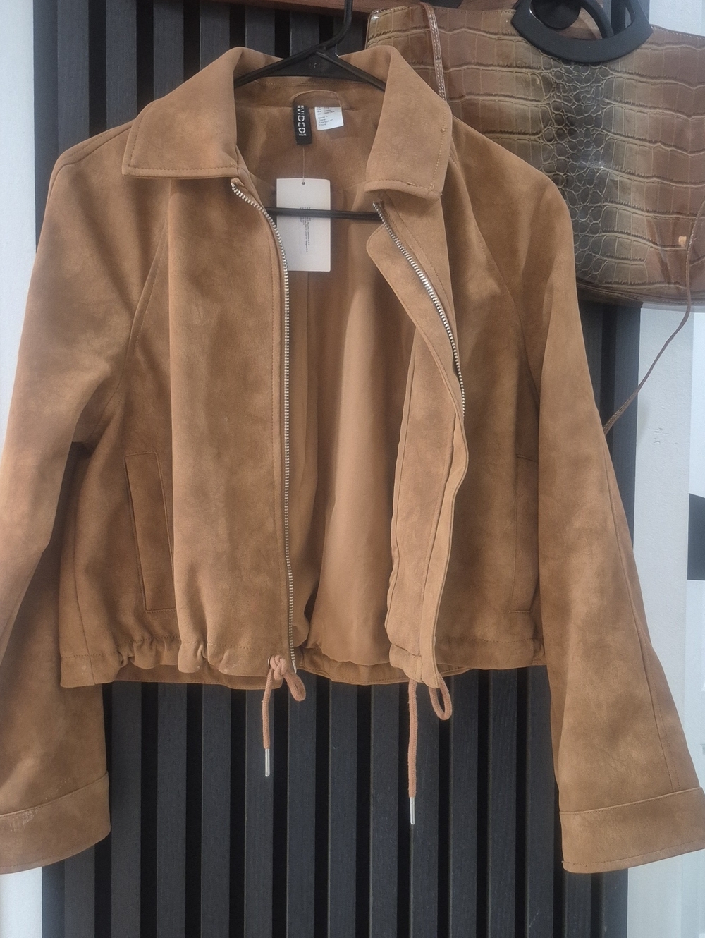 H&M Suede Bomber Jacket in Camel Tan